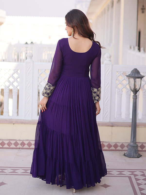 Purple Sequins Zari Work Faux Blooming Georgette Gown