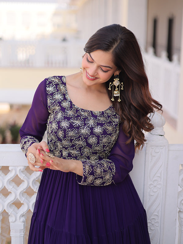 Purple Sequins Zari Work Faux Blooming Georgette Gown
