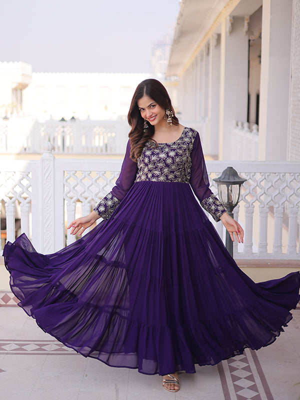 Purple Sequins Zari Work Faux Blooming Georgette Gown