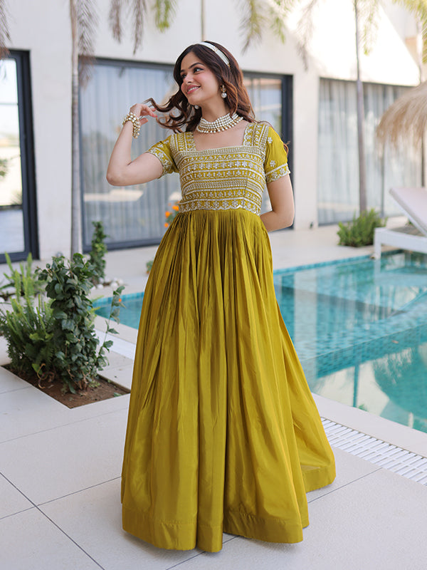 Mehndi Green Beads Embroidered Work Square Neck Gown
