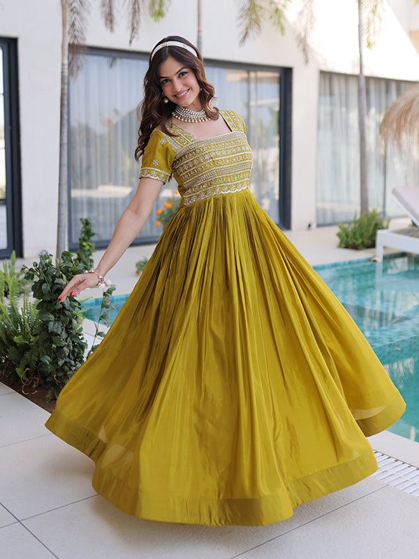 Mehndi Green Beads Embroidered Work Square Neck Gown