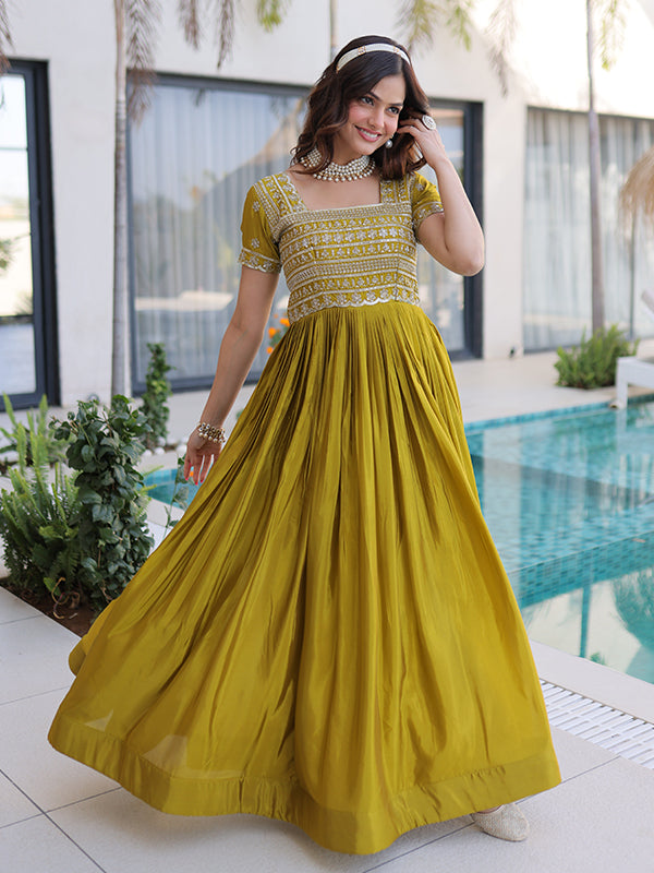 Mehndi Green Beads Embroidered Work Square Neck Gown