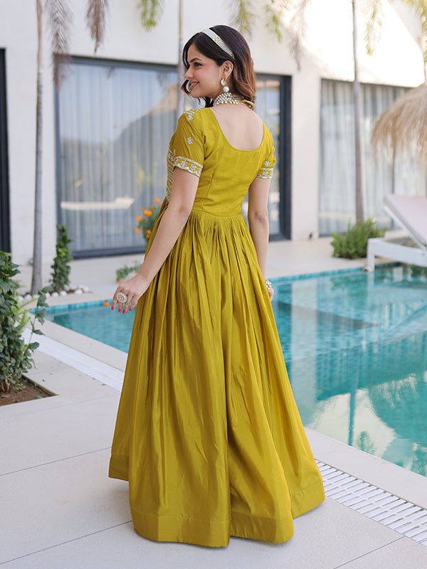Mehndi Green Beads Embroidered Work Square Neck Gown