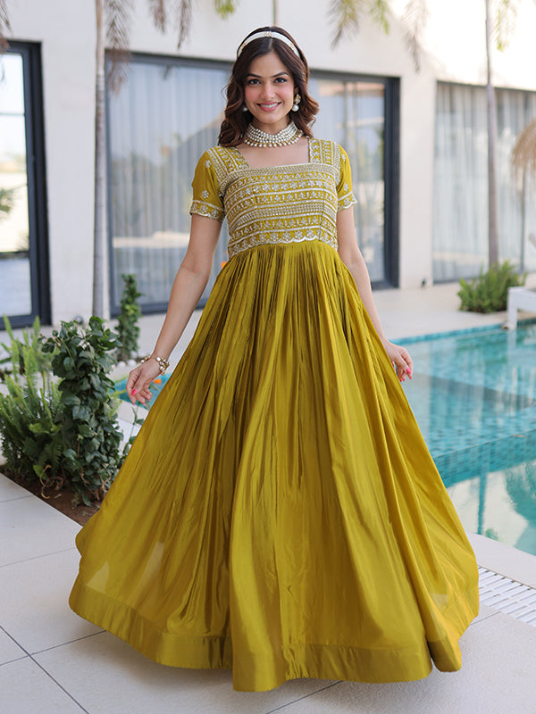 Mehndi Green Beads Embroidered Work Square Neck Gown