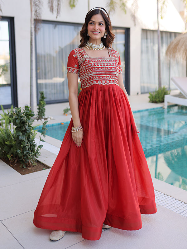 Orange Beads Embroidered Work Square Neck Gown