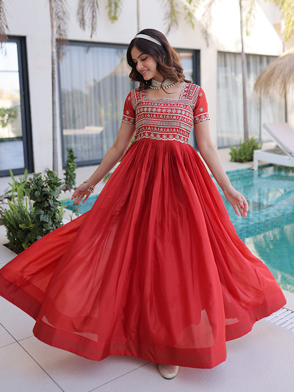 Orange Beads Embroidered Work Square Neck Gown