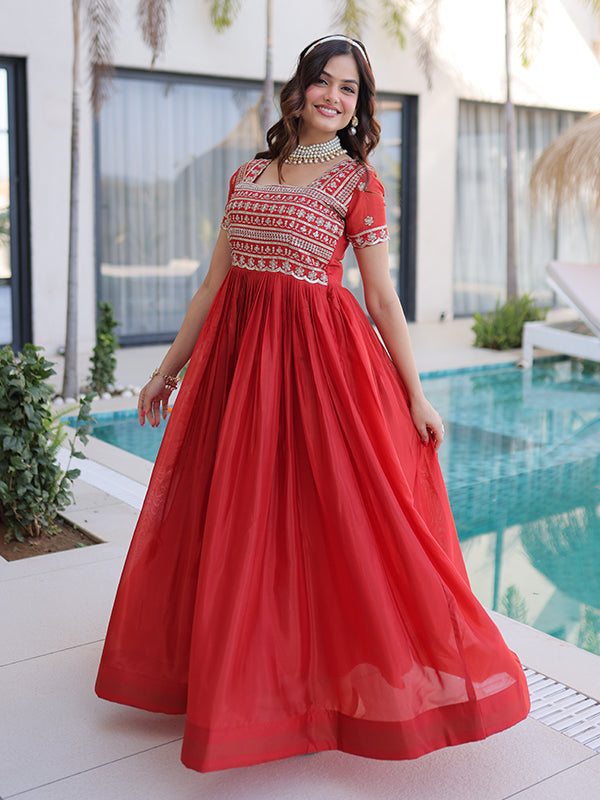 Orange Beads Embroidered Work Square Neck Gown