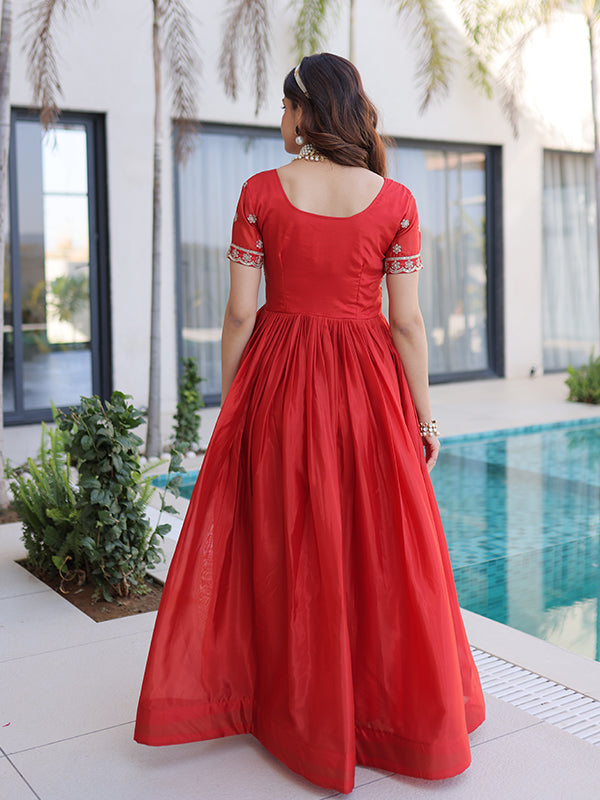 Orange Beads Embroidered Work Square Neck Gown