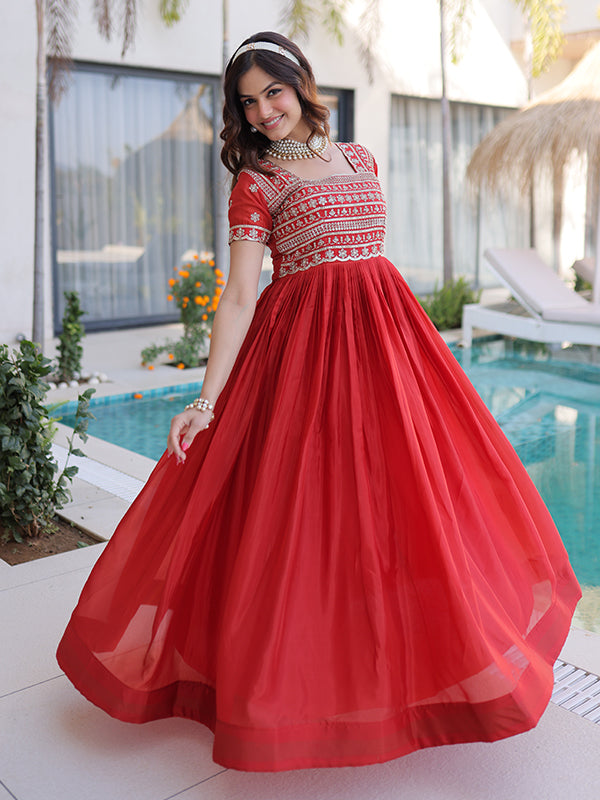 Orange Beads Embroidered Work Square Neck Gown