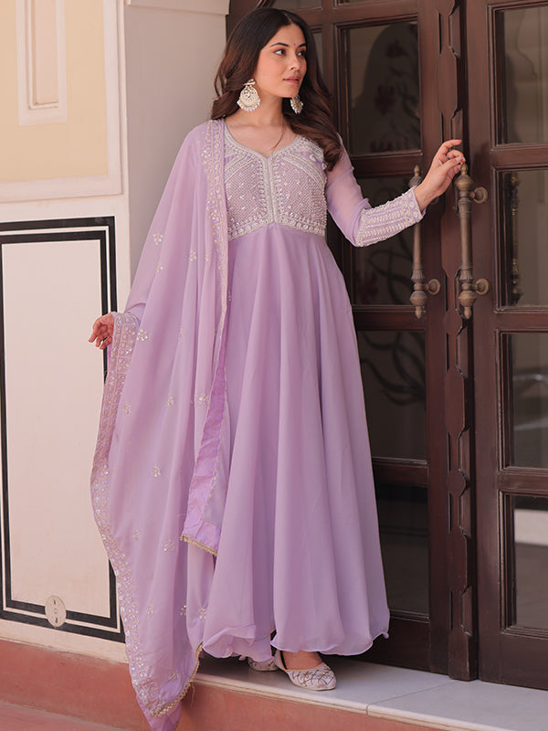 Lavender Beads Embroidered Work Star Georgette Gown With Dupatta