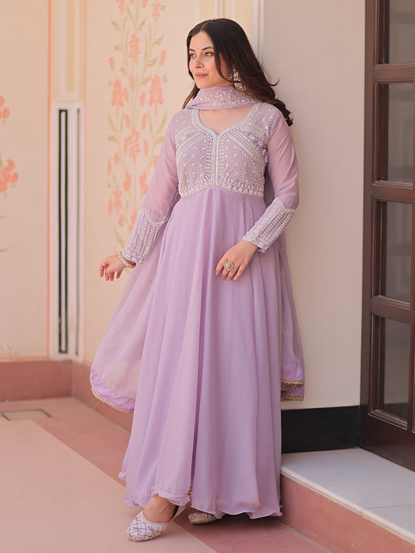 Lavender Beads Embroidered Work Star Georgette Gown With Dupatta