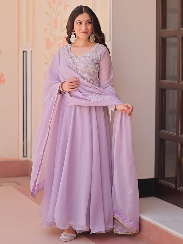 Lavender Beads Embroidered Work Star Georgette Gown With Dupatta