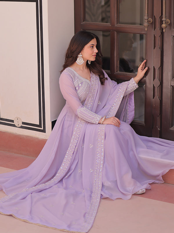 Lavender Beads Embroidered Work Star Georgette Gown With Dupatta