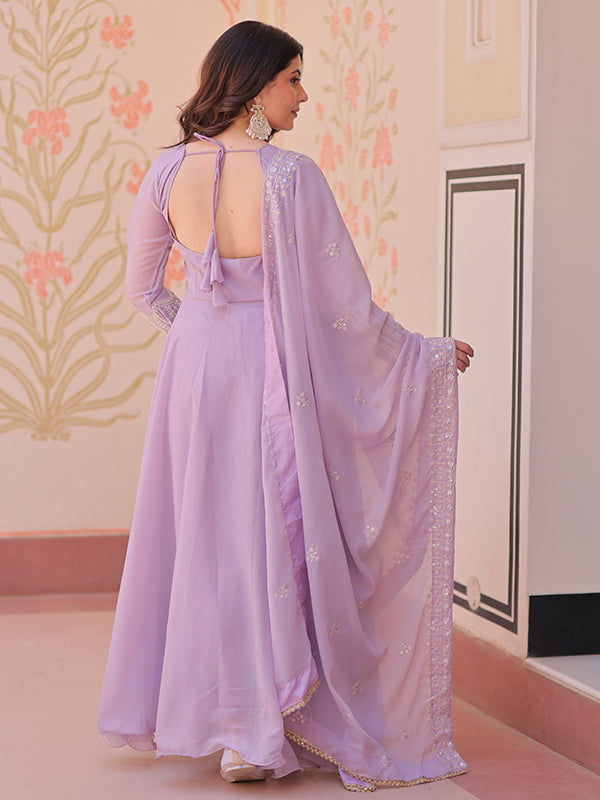 Lavender Beads Embroidered Work Star Georgette Gown With Dupatta