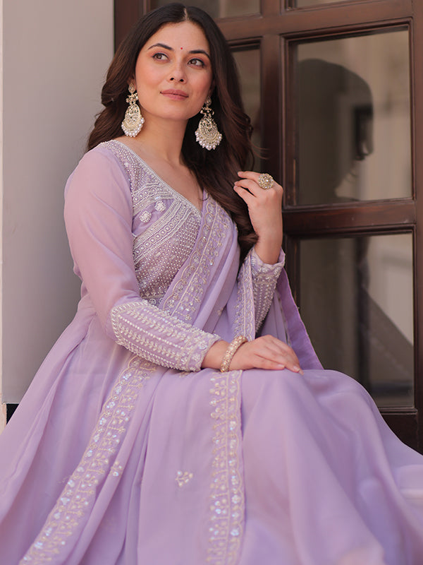 Lavender Beads Embroidered Work Star Georgette Gown With Dupatta