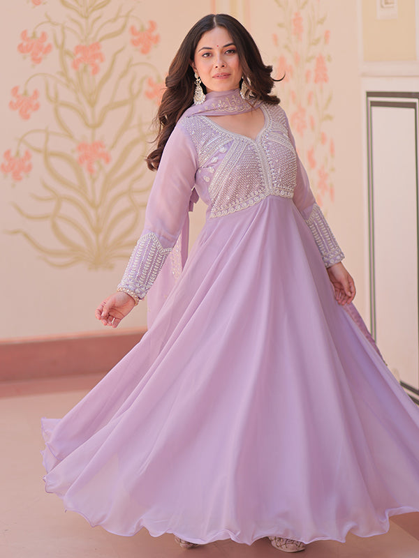 Lavender Beads Embroidered Work Star Georgette Gown With Dupatta