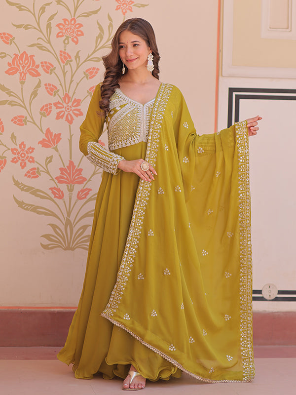 Mehndi Green Beads Embroidered Work Star Georgette Gown With Dupatta