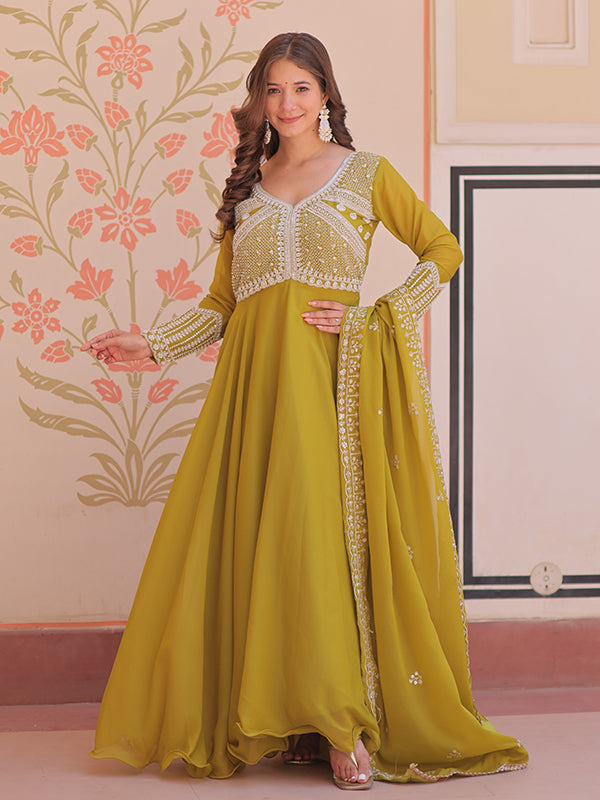 Mehndi Green Beads Embroidered Work Star Georgette Gown With Dupatta