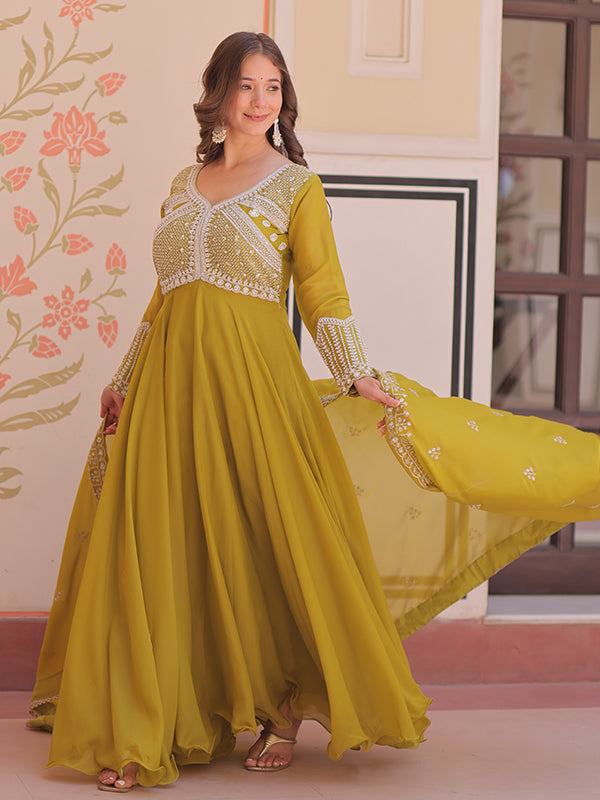 Mehndi Green Beads Embroidered Work Star Georgette Gown With Dupatta