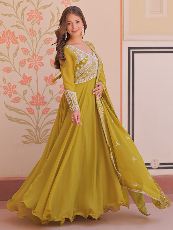 Mehndi Green Beads Embroidered Work Star Georgette Gown With Dupatta