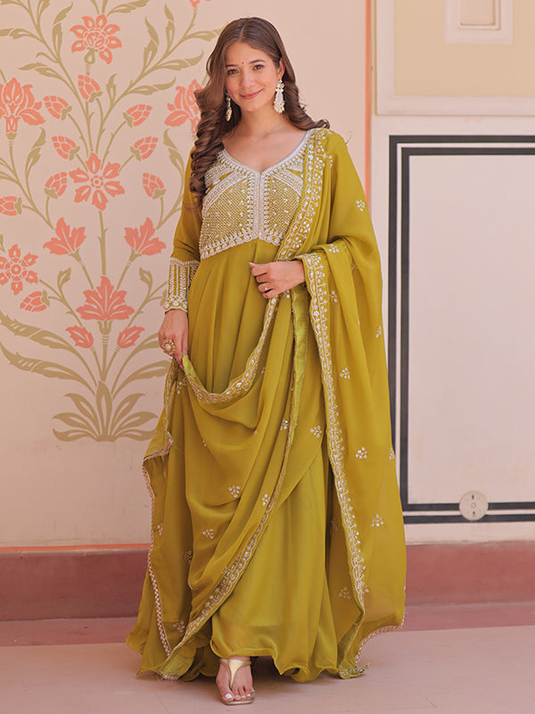 Mehndi Green Beads Embroidered Work Star Georgette Gown With Dupatta