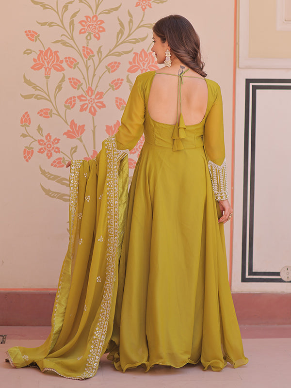 Mehndi Green Beads Embroidered Work Star Georgette Gown With Dupatta