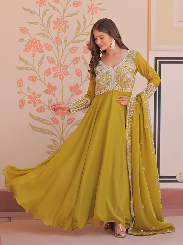 Mehndi Green Beads Embroidered Work Star Georgette Gown With Dupatta