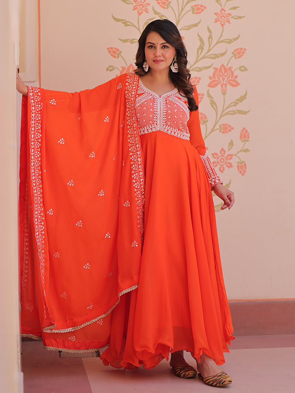 Orange Beads Embroidered Work Star Georgette Gown With Dupatta