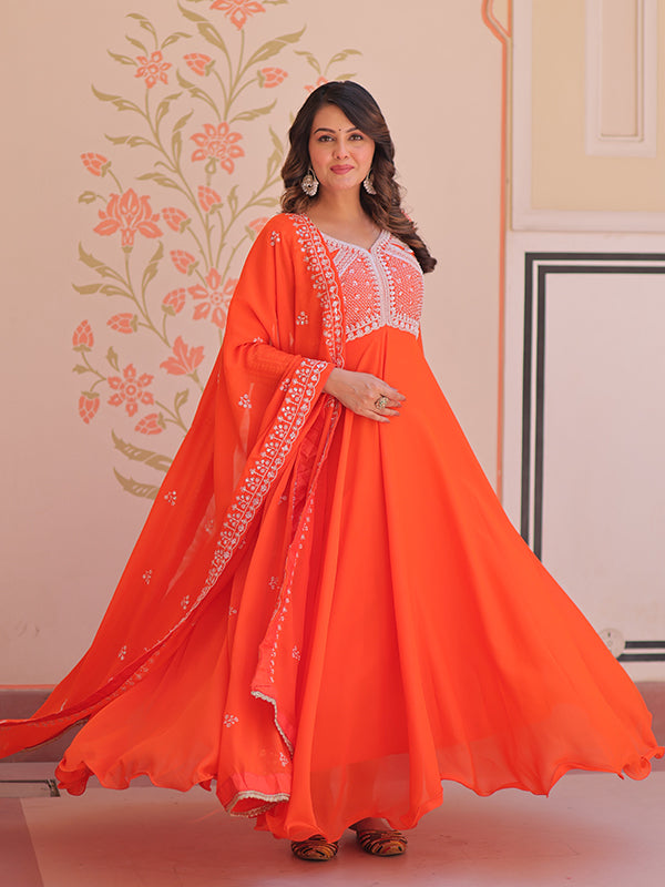 Orange Beads Embroidered Work Star Georgette Gown With Dupatta