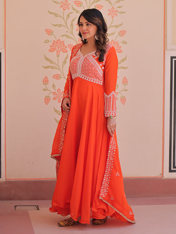 Orange Beads Embroidered Work Star Georgette Gown With Dupatta