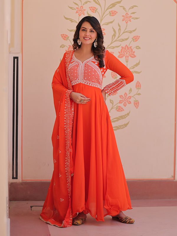Orange Beads Embroidered Work Star Georgette Gown With Dupatta