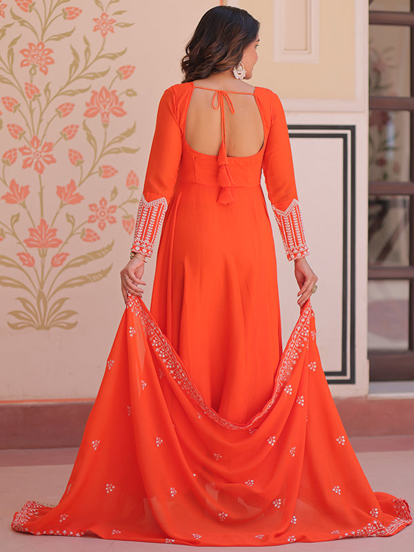 Orange Beads Embroidered Work Star Georgette Gown With Dupatta