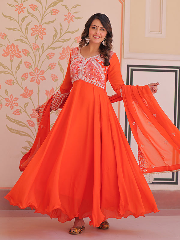 Orange Beads Embroidered Work Star Georgette Gown With Dupatta