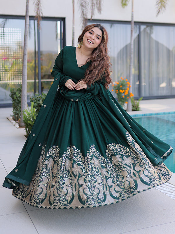 Green Sequins Embroidered Work Rangoli Crush Gown With Dupatta