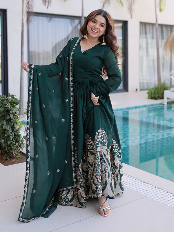 Green Sequins Embroidered Work Rangoli Crush Gown With Dupatta
