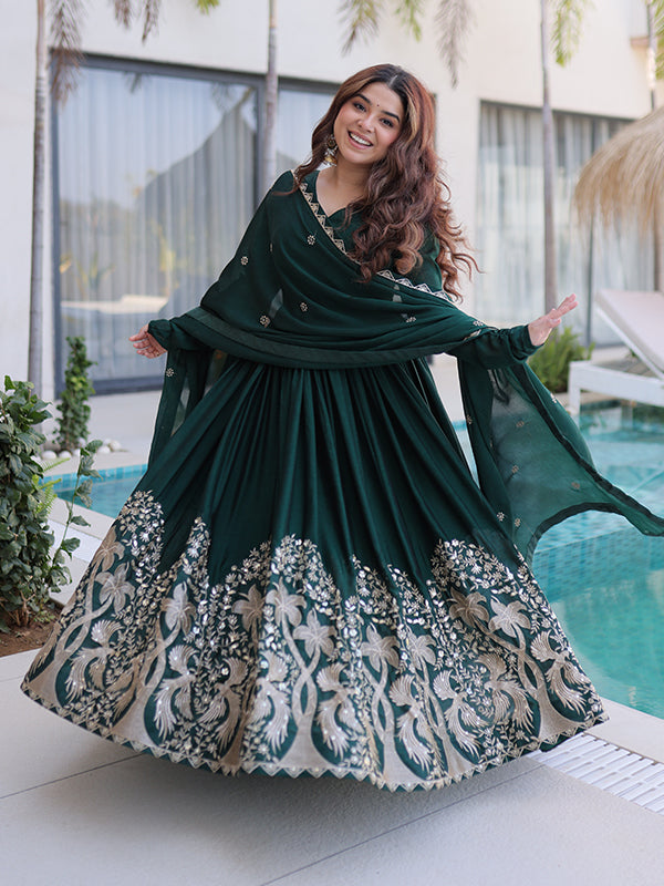 Green Sequins Embroidered Work Rangoli Crush Gown With Dupatta