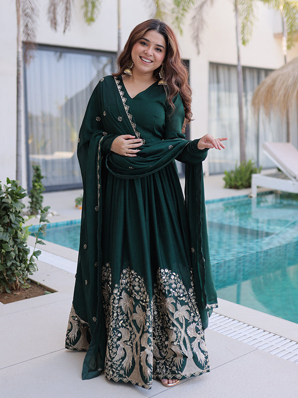 Green Sequins Embroidered Work Rangoli Crush Gown With Dupatta