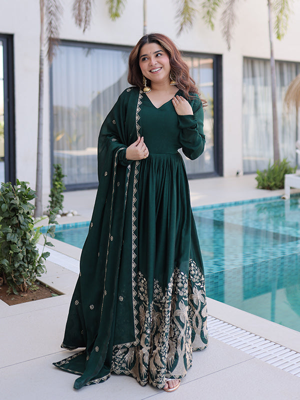 Green Sequins Embroidered Work Rangoli Crush Gown With Dupatta