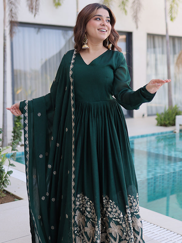 Green Sequins Embroidered Work Rangoli Crush Gown With Dupatta