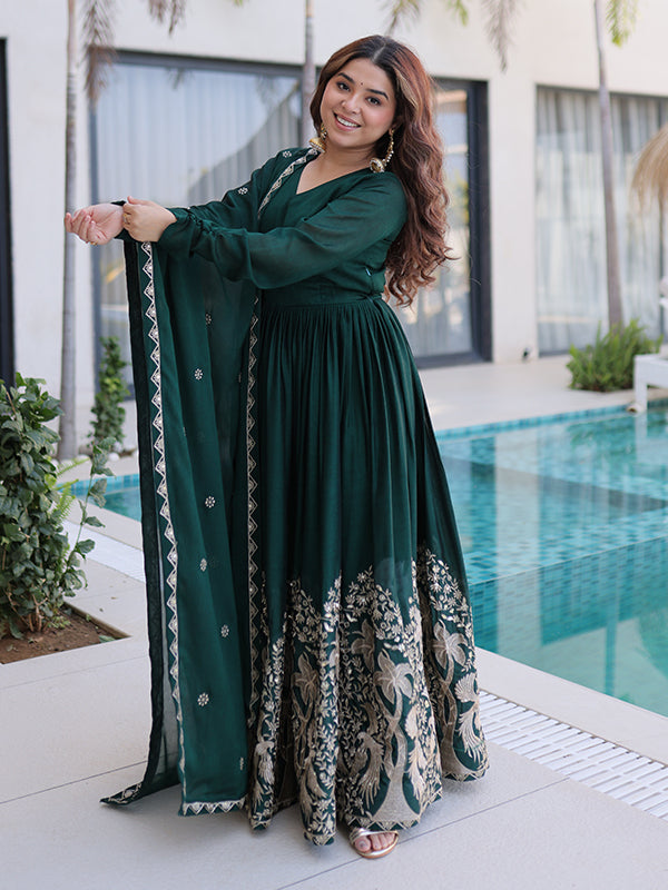 Green Sequins Embroidered Work Rangoli Crush Gown With Dupatta