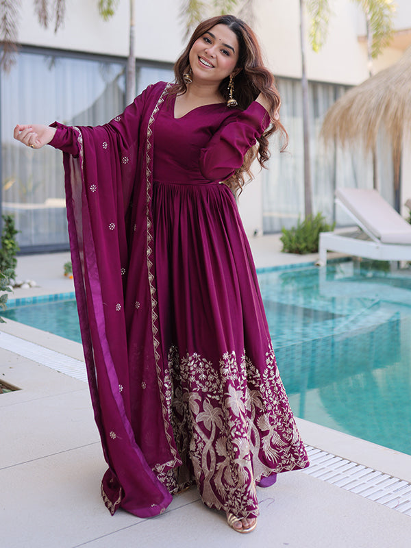 Wine Sequins Embroidered Work Rangoli Crush Gown With Dupatta
