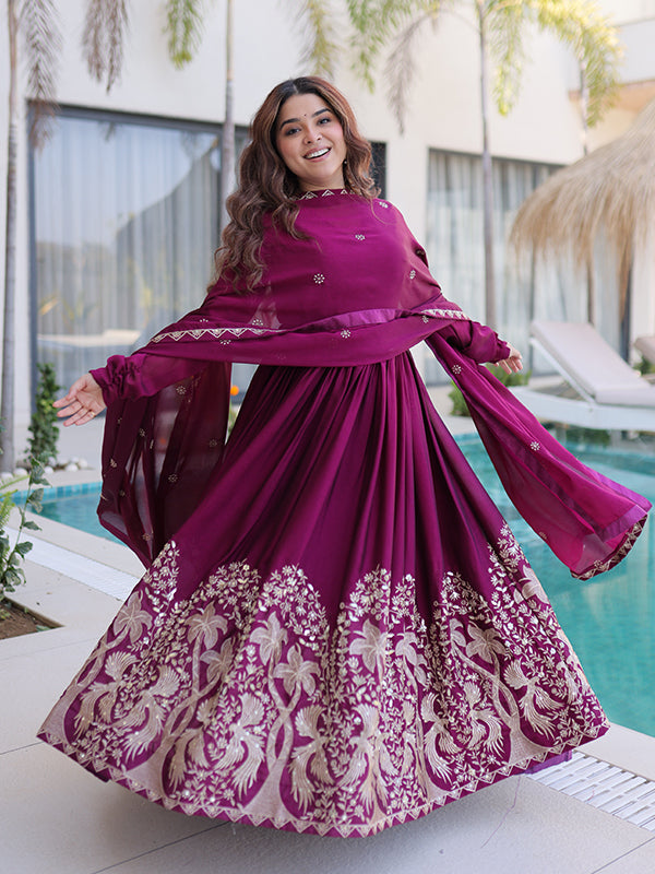 Wine Sequins Embroidered Work Rangoli Crush Gown With Dupatta