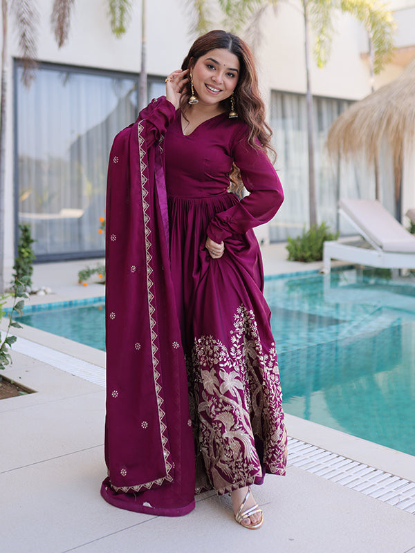 Wine Sequins Embroidered Work Rangoli Crush Gown With Dupatta