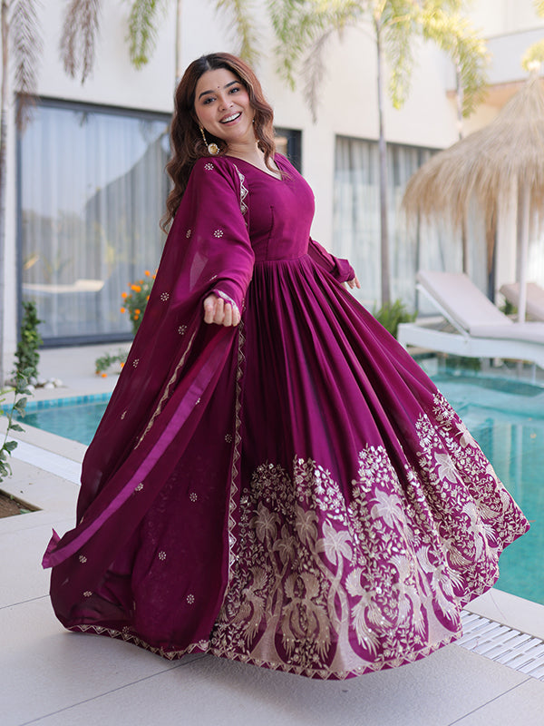 Wine Sequins Embroidered Work Rangoli Crush Gown With Dupatta