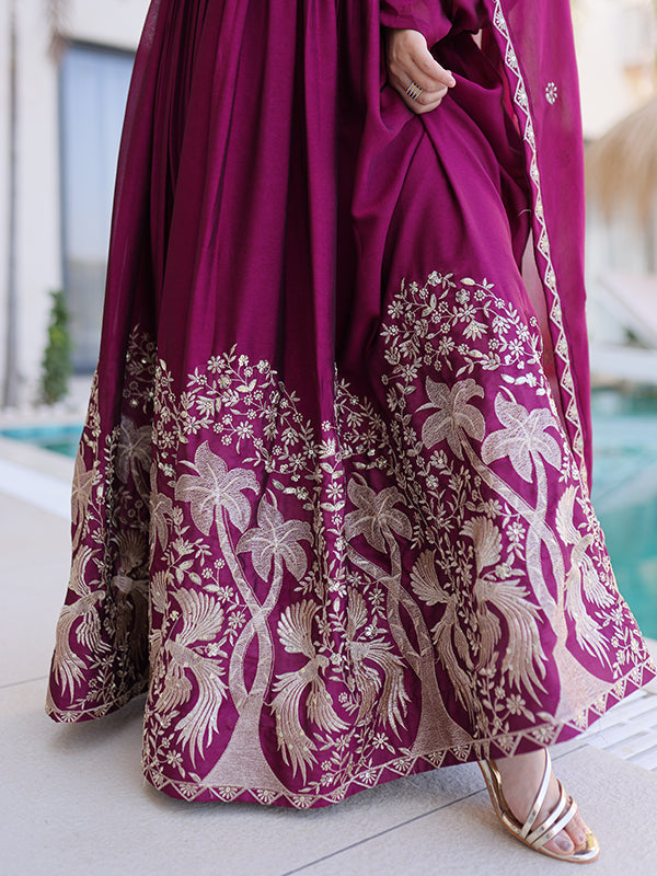 Wine Sequins Embroidered Work Rangoli Crush Gown With Dupatta