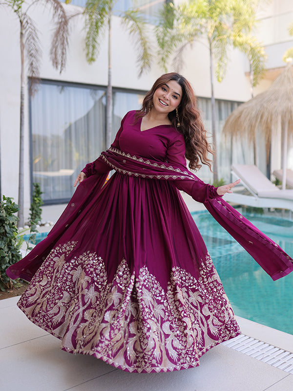Wine Sequins Embroidered Work Rangoli Crush Gown With Dupatta