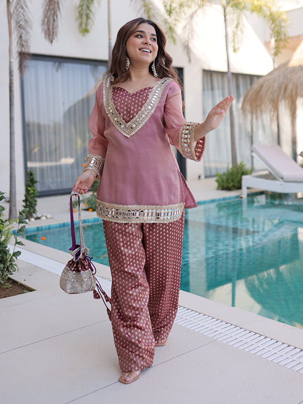 Peach Salasa Fabric Mirror Lace Work Top With Jacquard Pant