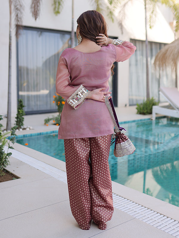 Peach Salasa Fabric Mirror Lace Work Top With Jacquard Pant