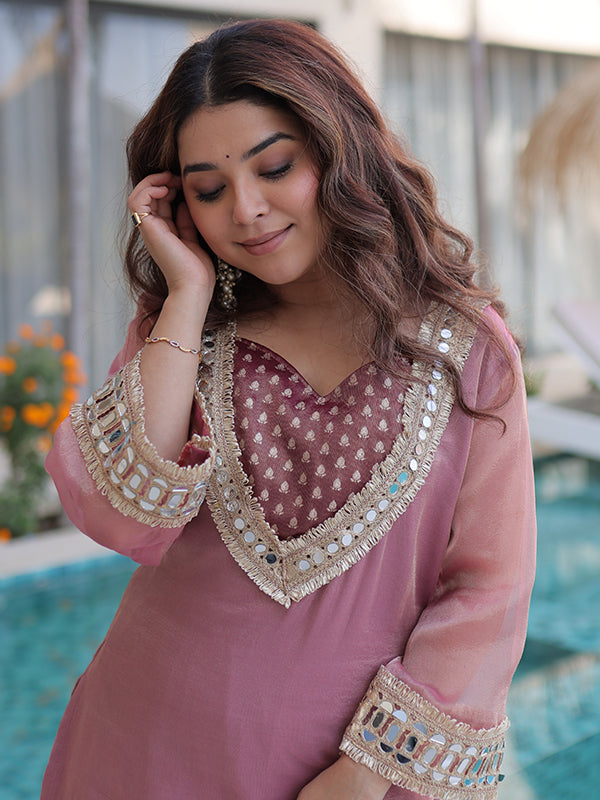 Peach Salasa Fabric Mirror Lace Work Top With Jacquard Pant