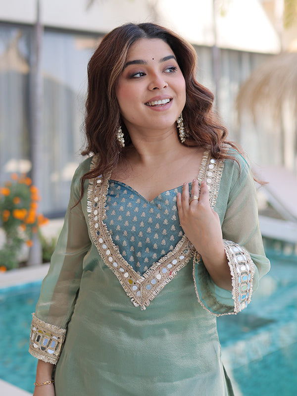 Sky Blue Salasa Fabric Mirror Lace Work Top With Jacquard Pant